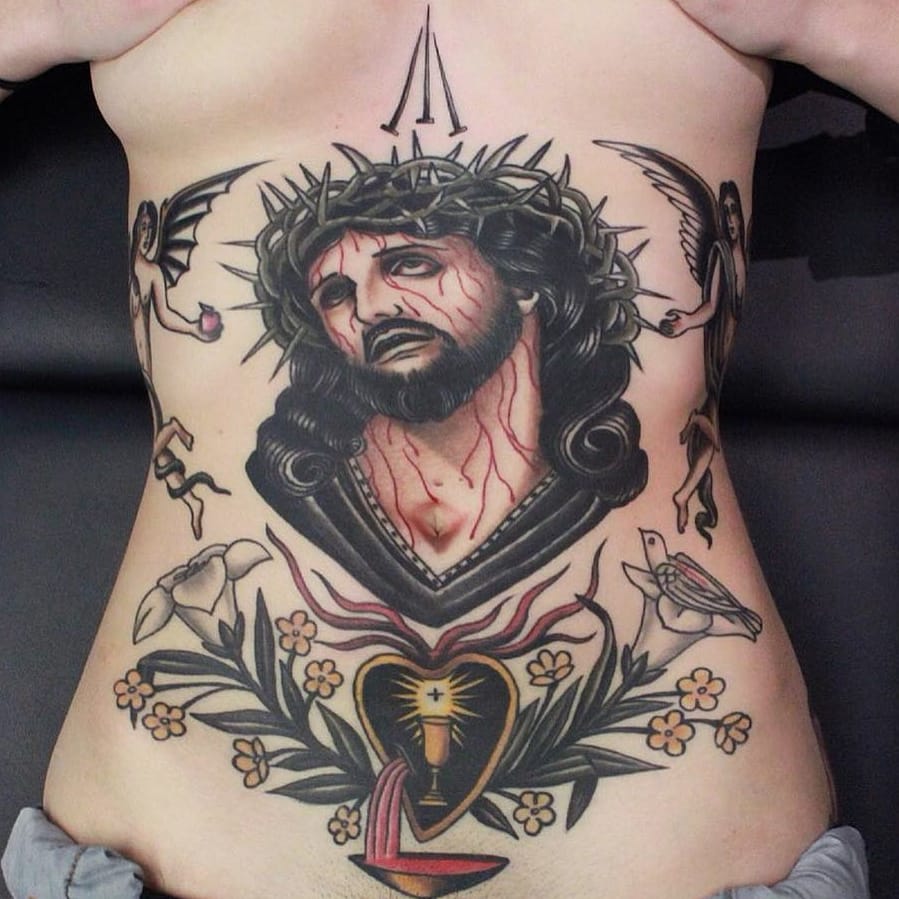 Unique Jesus With Banner Christian Tattoo On Chest